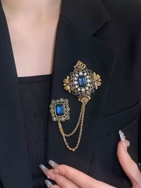 Gold and Blue Vintage-Inspired Double Brooch Chain Pin